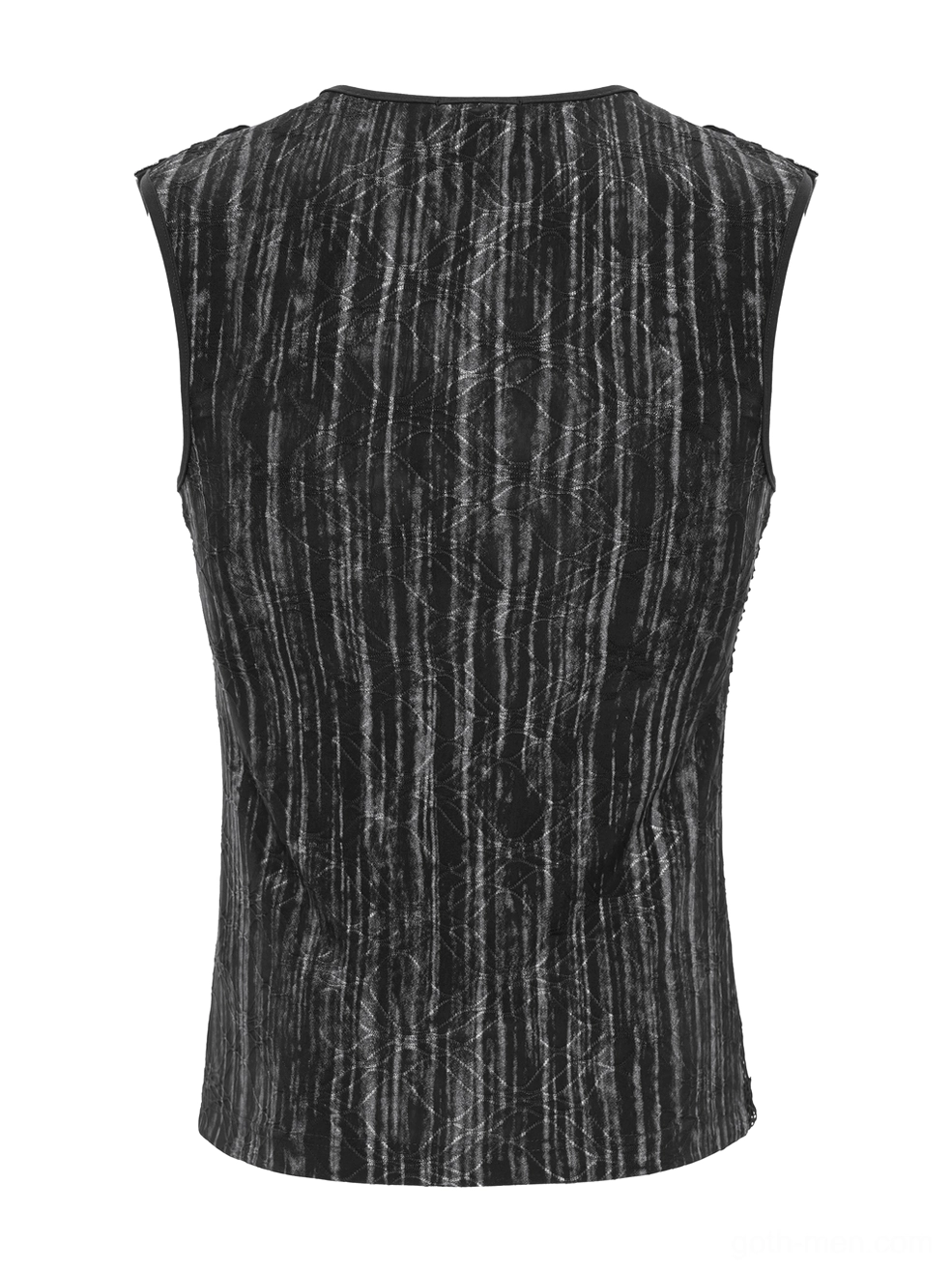 Back flat lay view of industrial gothic tank top with distressed striping and solid black sleeveless construction