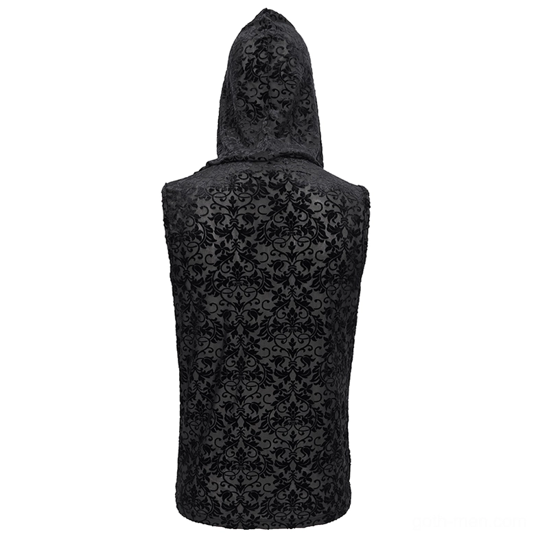 Black gothic tank top with full back floral flocked print and raised hood, rear view on mannequin