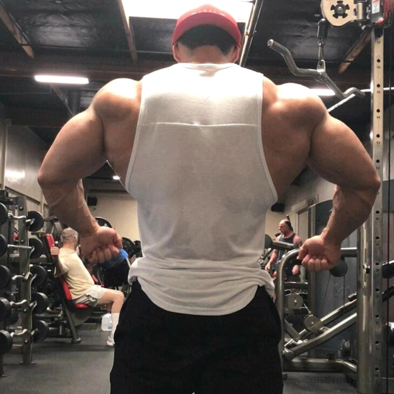 Back view of white sleeveless tank top for men showing rear panel detail
