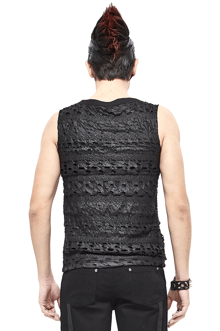 Back view of distressed black gothic tank top with ruffled fabric detail on male model