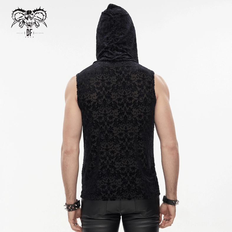 Black gothic sleeveless tank with full back floral pattern and fitted hood, rear male model view