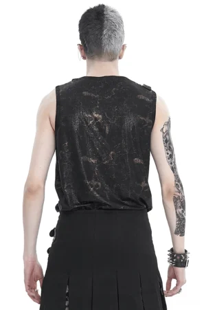Rear view of gothic tank top displaying marbled black-gold distressed finish and sleeveless silhouette on male model