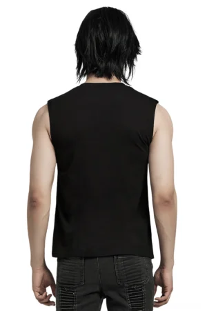 Black punk sleeveless top rear view showing minimalist knit back design