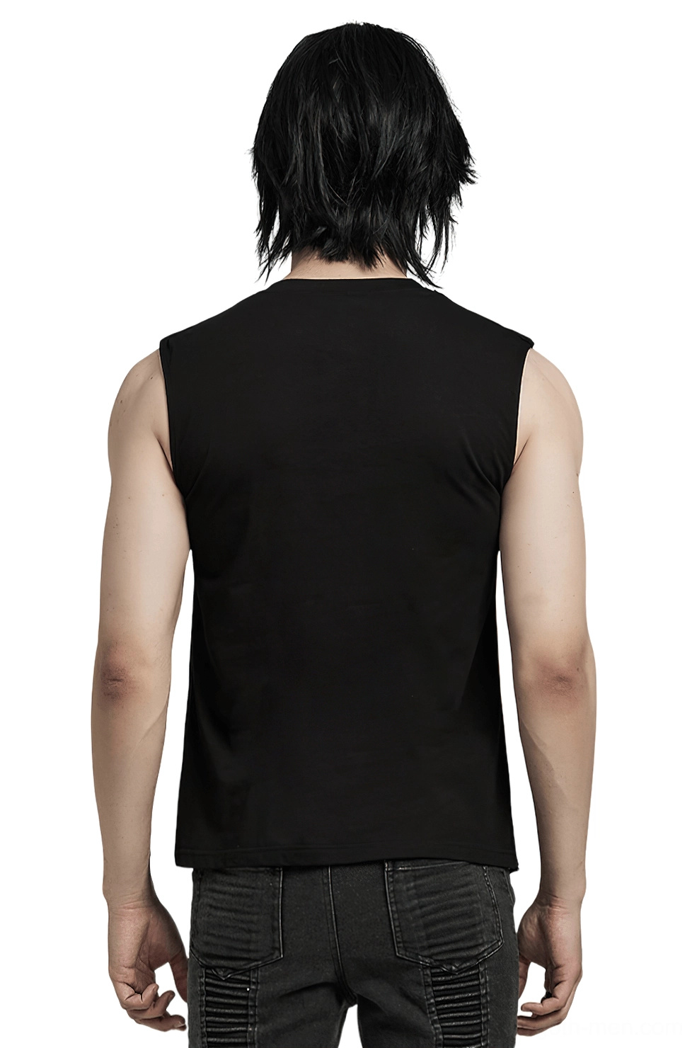 Black punk sleeveless top rear view showing minimalist knit back design