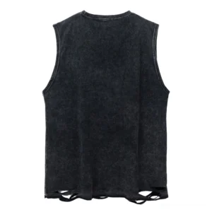 Back view of distressed gothic tank top showing ripped frayed hem and washed black cotton fabric