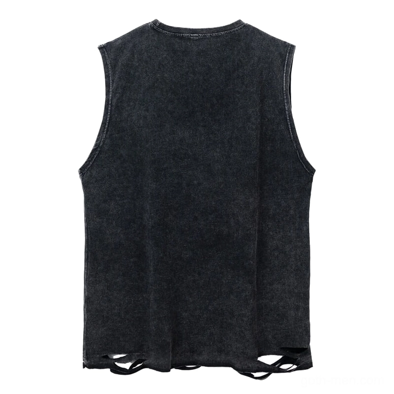 Back view of distressed gothic tank top showing ripped frayed hem and washed black cotton fabric