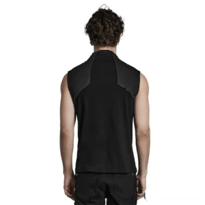 Black sleeveless tank top back perspective showcasing textured yoke panels and slim-fitting silhouette