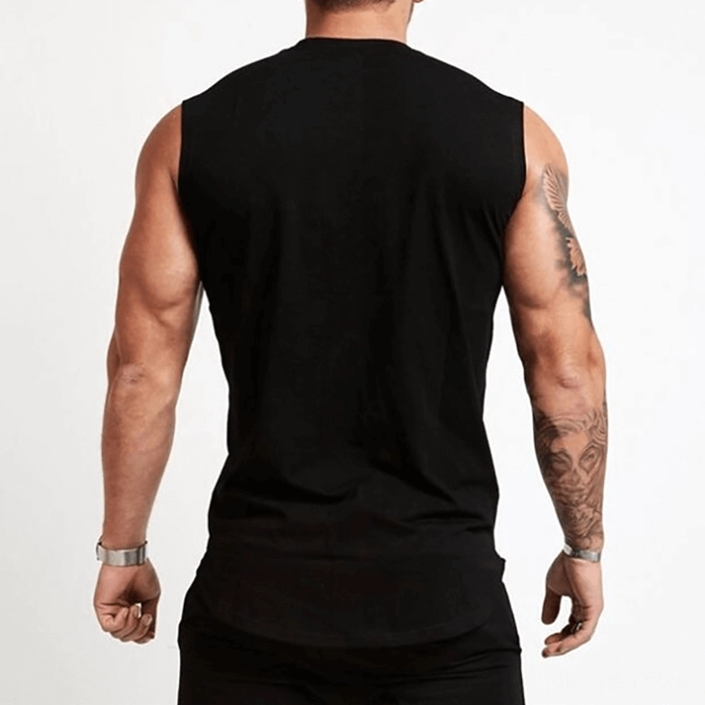 Black gothic tank top men's back view, sleeveless design, curved hem, dark aesthetic