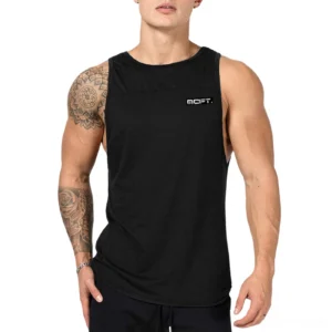 Black gothic sleeveless tank top for men front view on tattooed muscular model