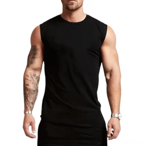 Men's black gothic cotton tank top front view, crew neck sleeveless design, minimalist dark aesthetic