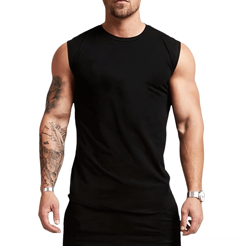 Men's black gothic cotton tank top front view, crew neck sleeveless design, minimalist dark aesthetic