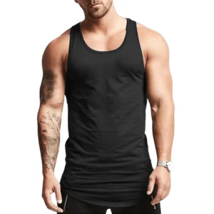 Black gothic sleeveless tank top for men front view, athletic bodybuilding fit with curved hem