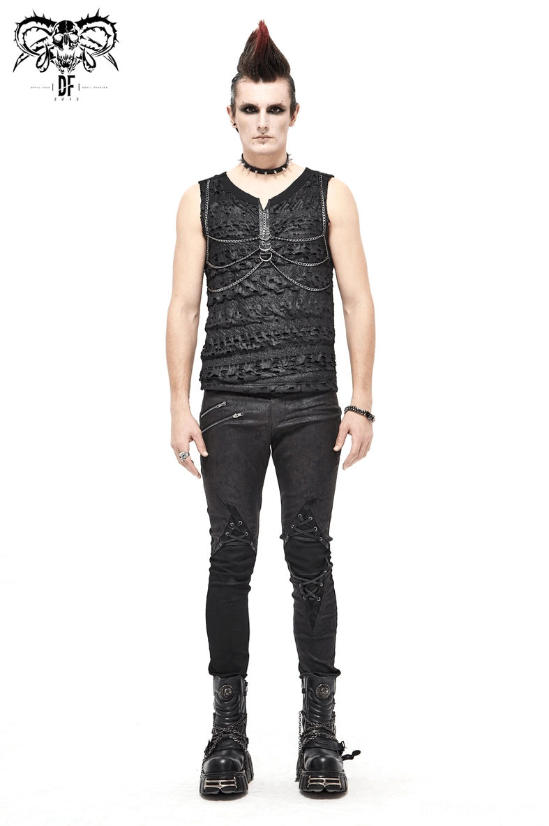 Flat detail view of black gothic tank top showing chain attachment and fabric distressing