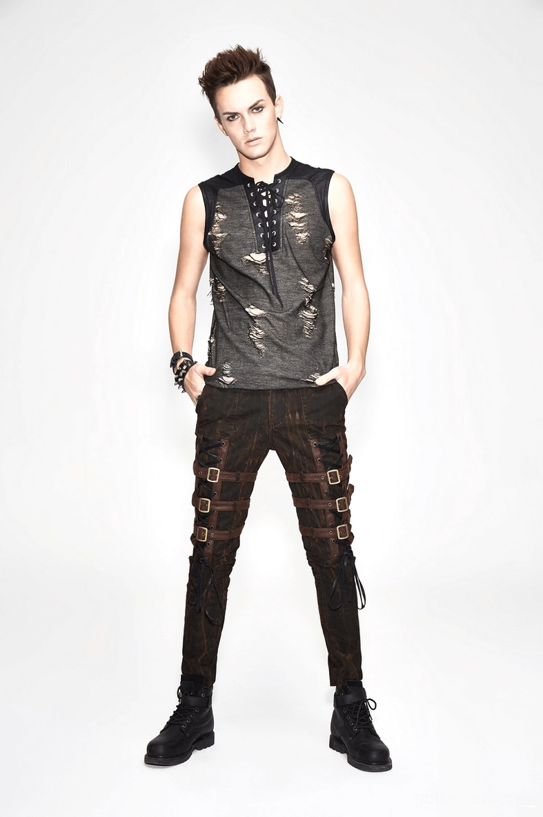 Close-up detail of crisscross lace neckline and ripped fabric texture on gothic tank top