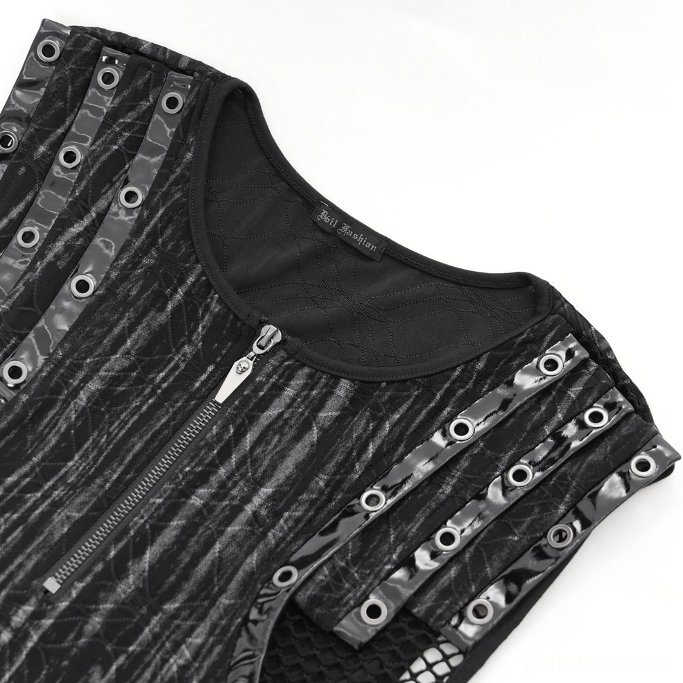Close-up detail of gothic tank top collar and half-zip front fastener with shoulder grommet strap hardware