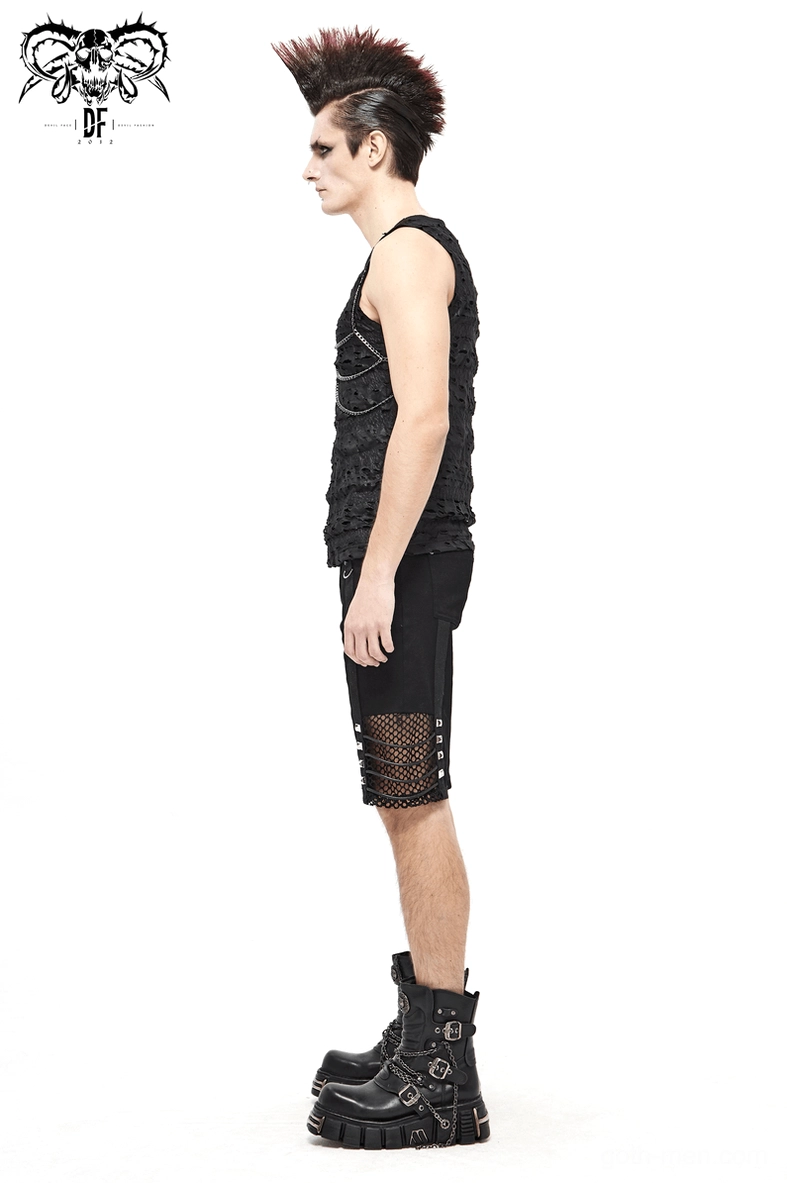 Gothic chain sleeveless tank top detail view emphasizing distressed fabric and metal accents