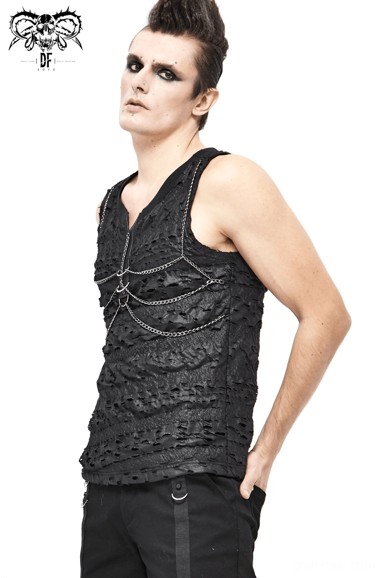 Gothic chain sleeveless tank top with ruffled distressed construction and metal embellishments