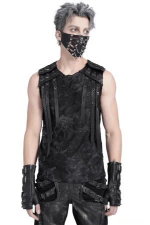 Black distressed eyelet strap gothic tank top front view on male model studio shot
