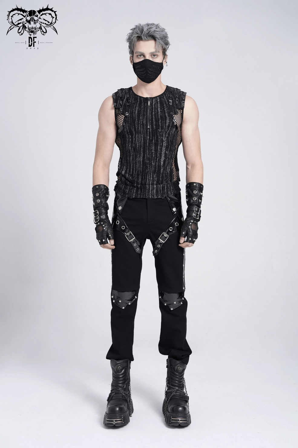 Size and fit reference image showing how industrial gothic tank top drapes on male model