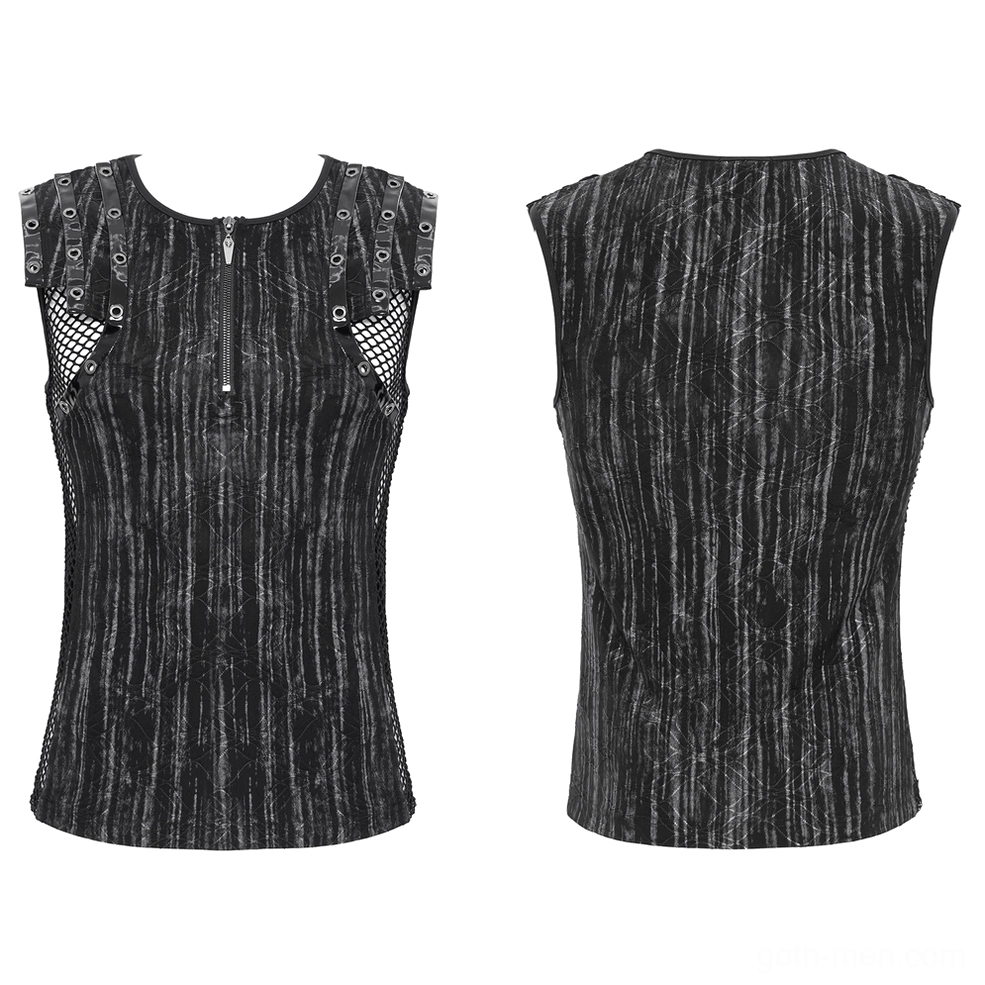 Flat lay product photography showing front and back of gothic mesh tank top with half-zip closure and shoulder grommets