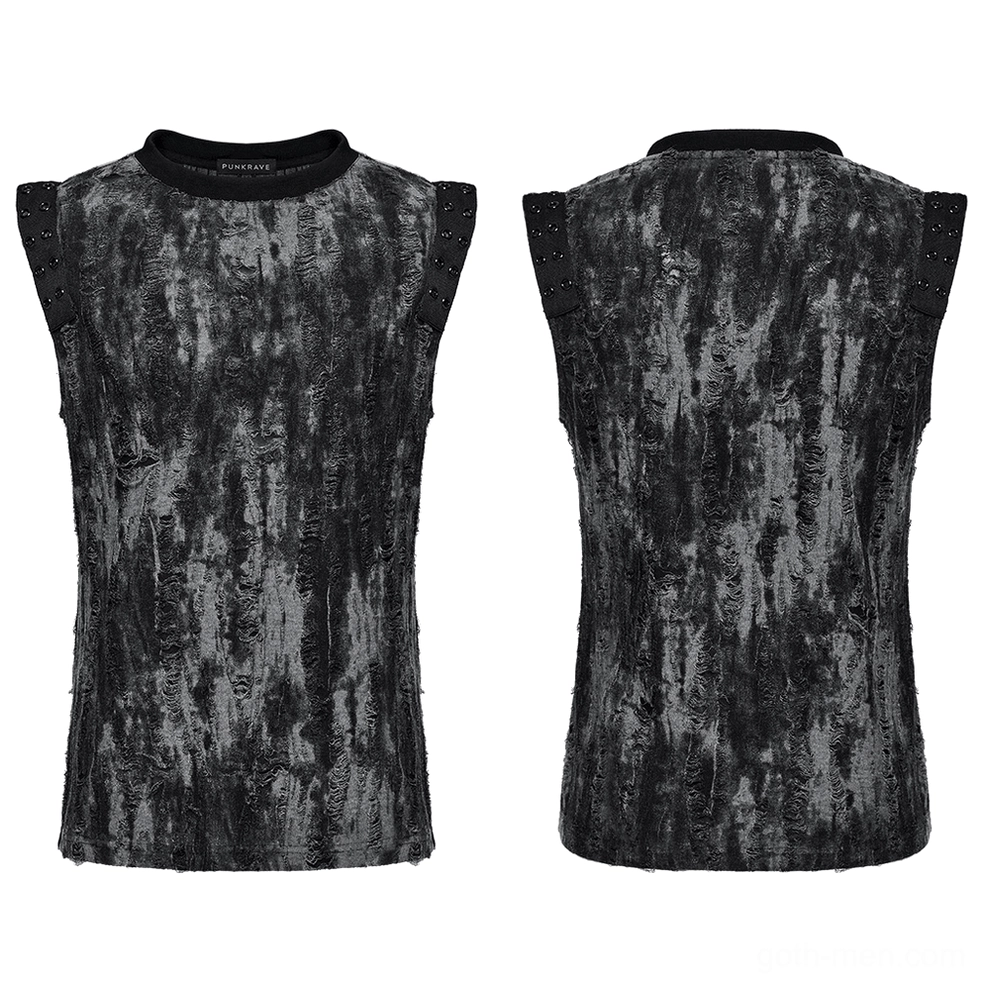 Distressed eyelet shoulder tank top flat lay - front display with ribbed crew neck