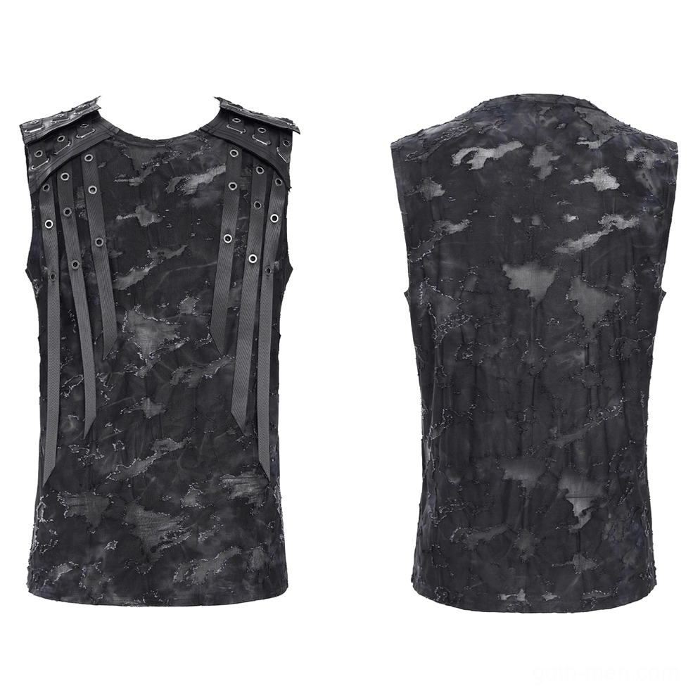 Black eyelet strap tank top front and back flat lay displaying distressed camo pattern and faux leather accents