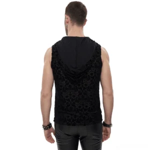 Black gothic tank top with hood and velvet floral pattern, rear view on male model showing full back design