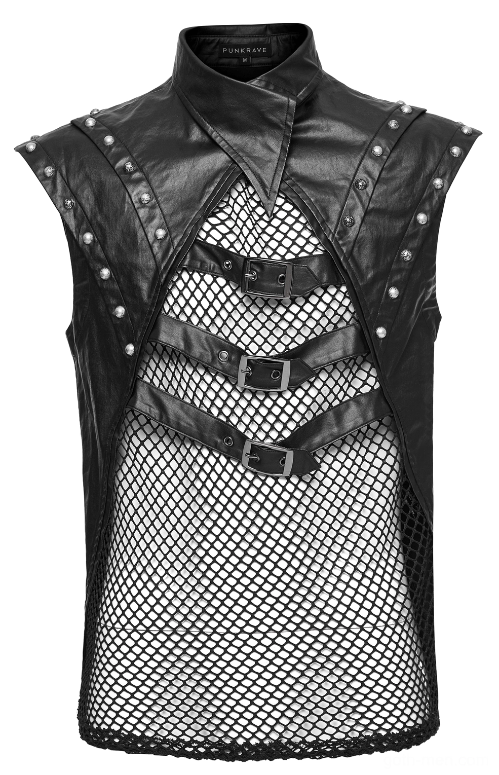 Front flat lay of men's gothic buckle tank top - fishnet mesh with metal rivet details