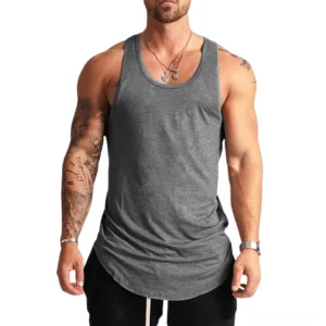 Heather grey gothic men's tank top front view with layered silver chain necklaces, versatile dark aesthetic wear