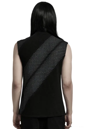 Sleeveless gothic tank top with grey diagonal jacquard pattern, rear view showing back design and shoulders