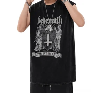 Oversized black tank with religious cross print, half-front angle on model