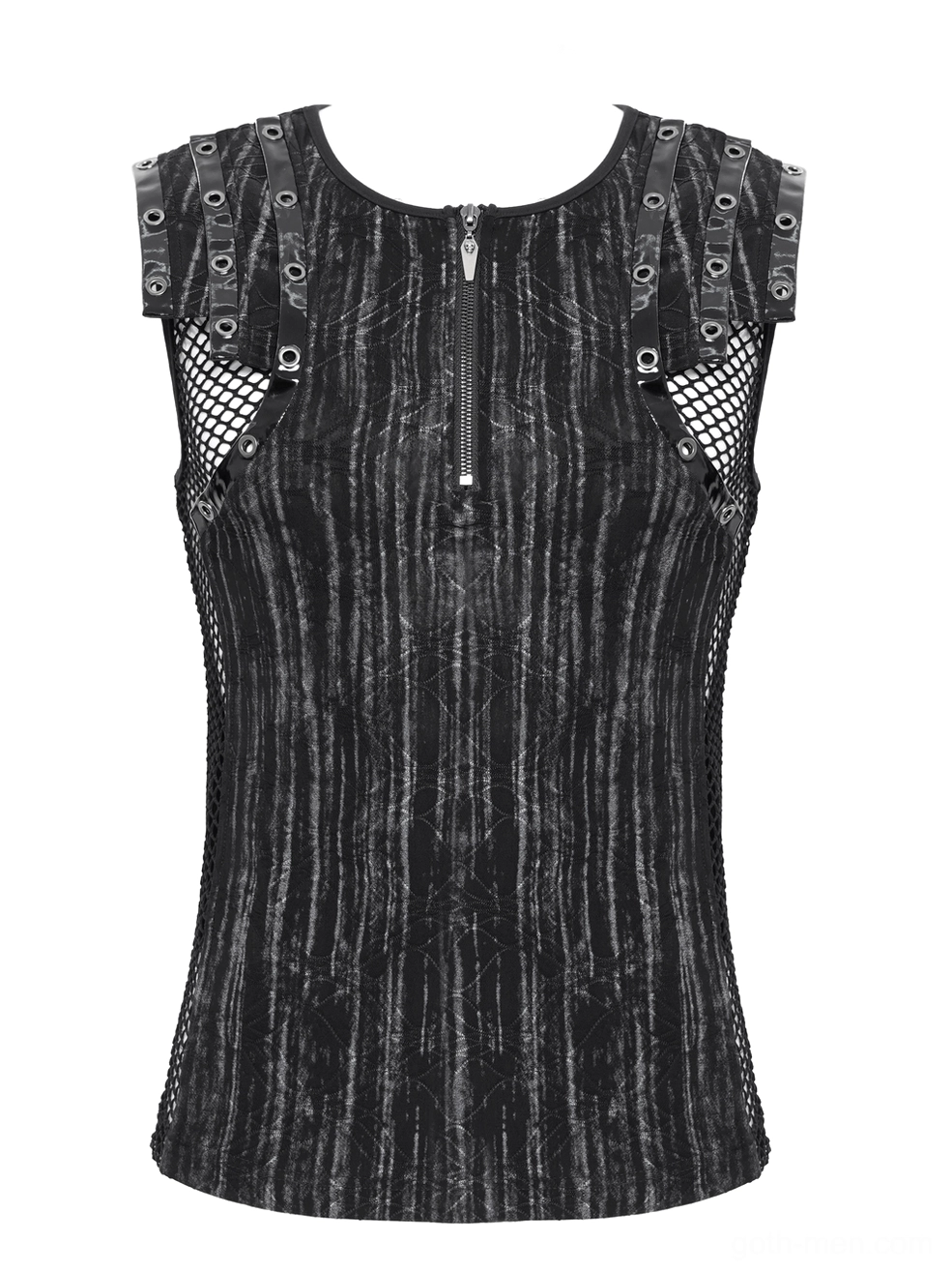 Flat lay front view of black gothic tank top showing half-zip front closure and shoulder grommet buckle straps