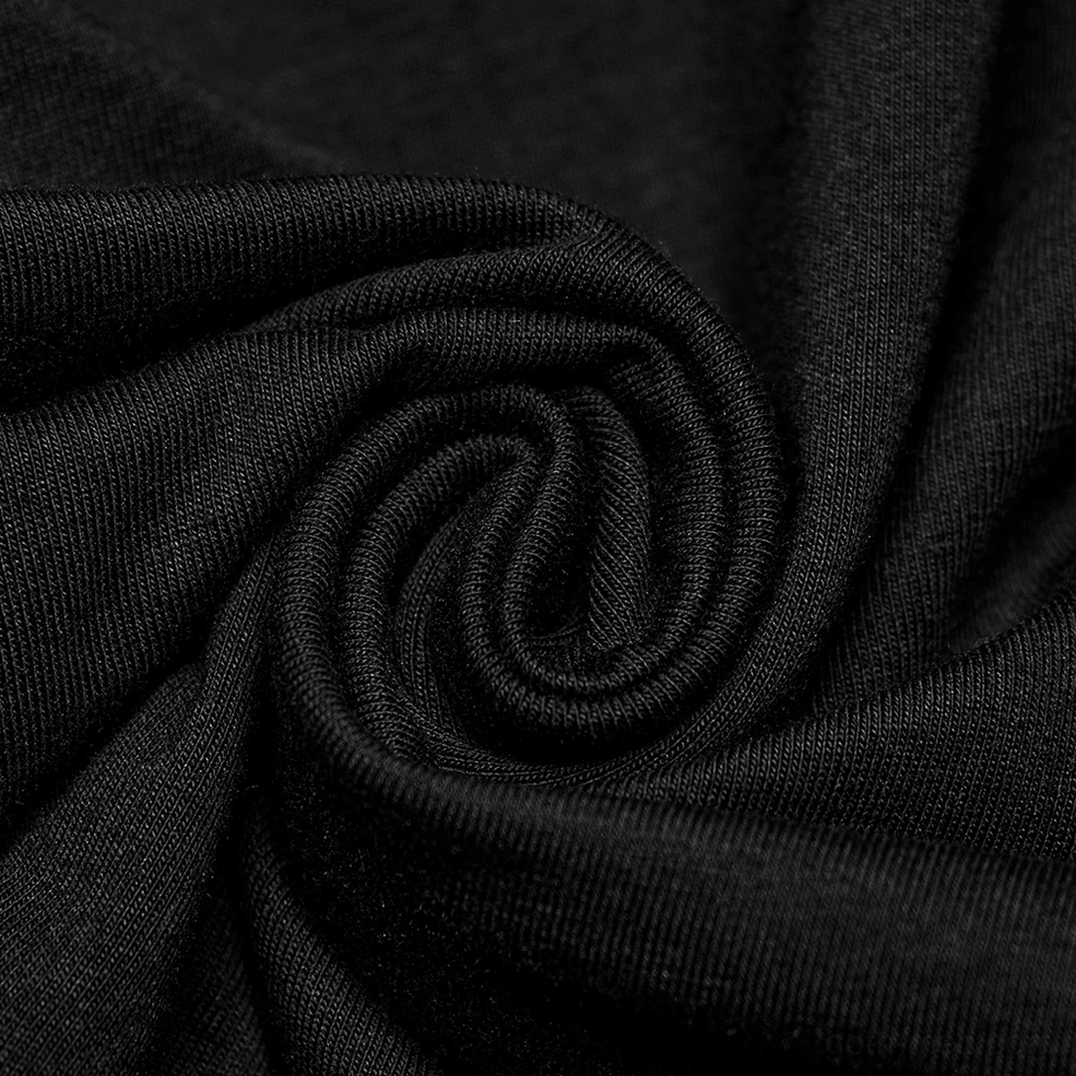 Soft stretch black knit fabric texture with wrinkled drape and elastane blend