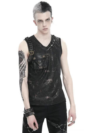 Men's gothic lace-up v-neck tank top front view on male model showing distressed black-gold fabric and utility buckle pocket details