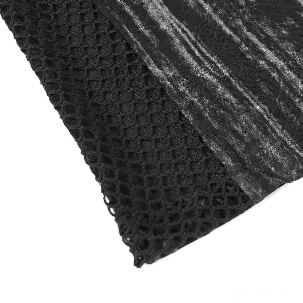 Detailed view of mesh side panel and black striped fabric texture on gothic sleeveless tank top
