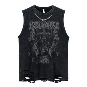 Distressed gothic cotton tank top with MINDFORCE sword graphic and silver chain neckline detail, front view flat lay