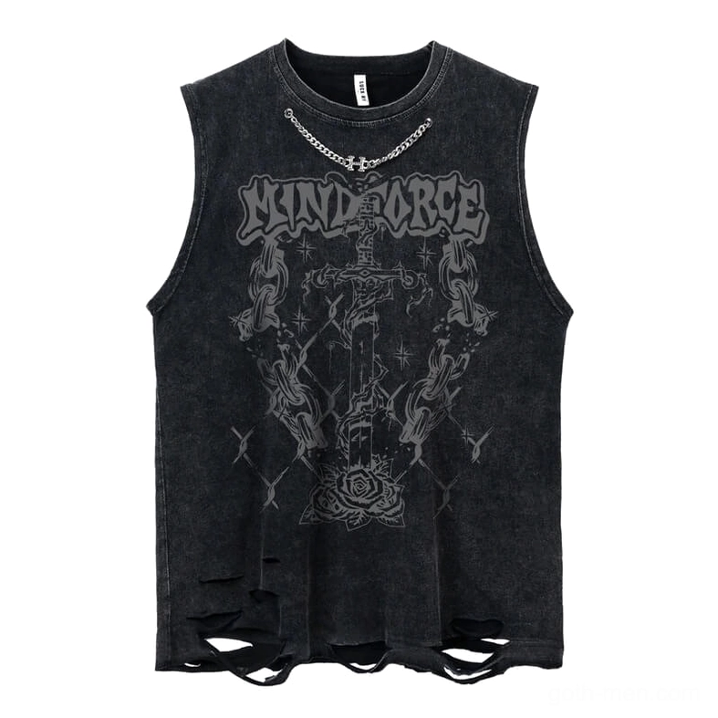 Distressed gothic cotton tank top with MINDFORCE sword graphic and silver chain neckline detail, front view flat lay