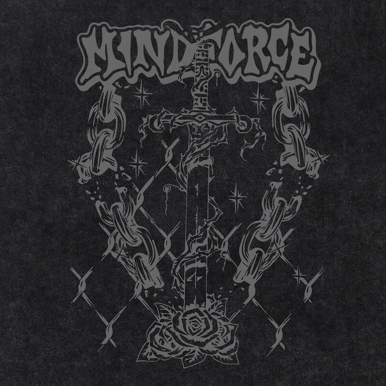 Gothic MINDFORCE text with sword and rose graphic print detail on black distressed tank top