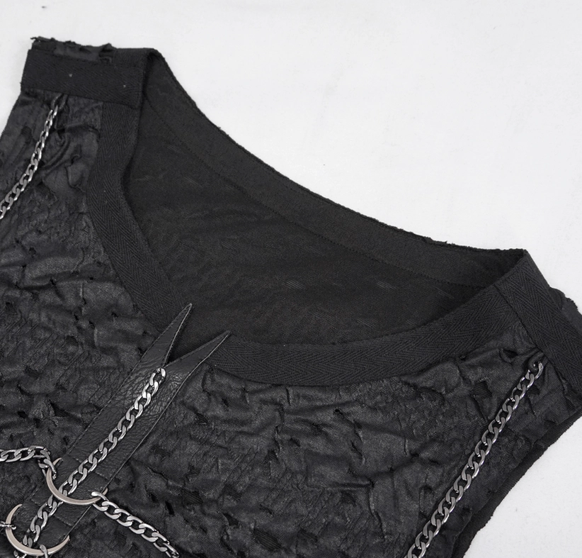 Close-up detail of gothic tank top ribbed crew neckline and front metal chain hardware