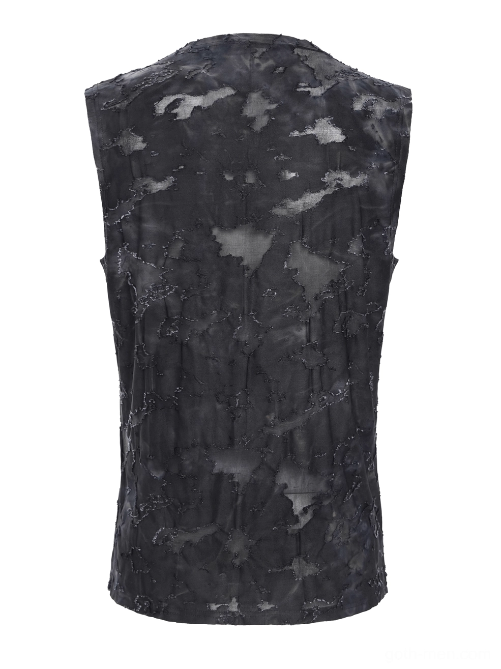 Rear view flat lay of black gothic tank top emphasizing distressed camo-style fabric and straight hem