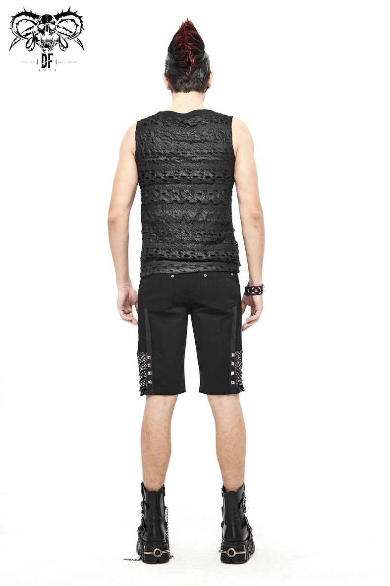 Closeup view of gothic tank top distressed ruffles and chain embellishments on black knit