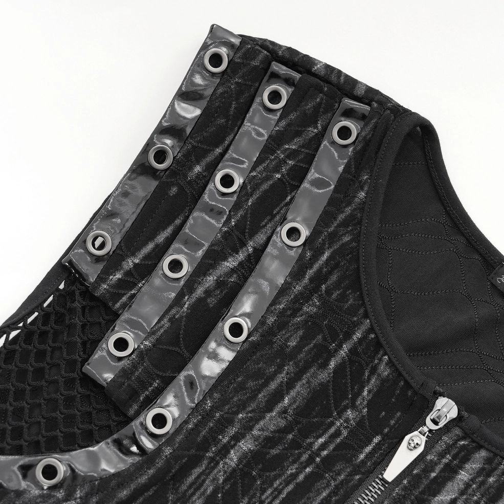 Close-up photography of metal eyelet buckle details on shoulder strap of industrial gothic mesh tank top