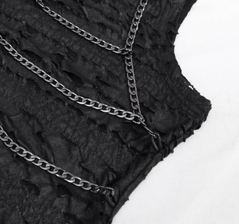 Close-up side view of black gothic tank top showing curb chain and distressed fabric texture