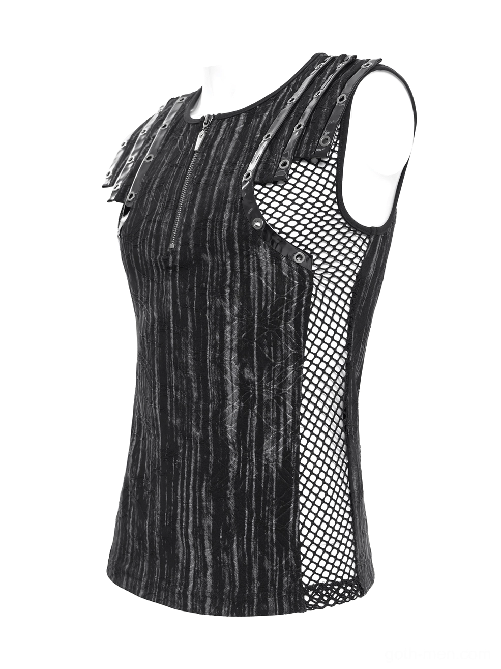 Side profile flat lay of gothic sleeveless tank top highlighting mesh side panel and striped black fabric texture