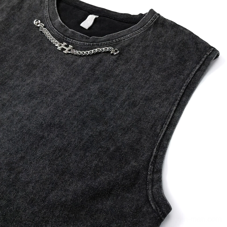Side view of gothic tank top showing attached decorative chain accent on distressed black cotton