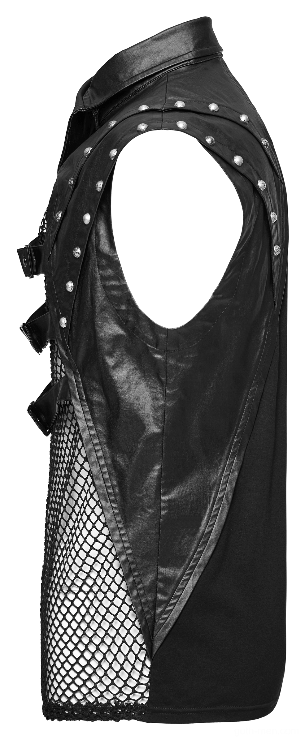 Side view flat lay of gothic sleeveless tank top - mixed fabric construction with rivets