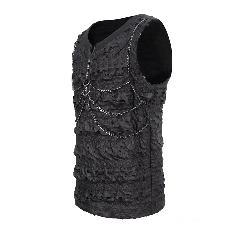 Three-quarter front view of distressed black gothic tank top showing chain embellishments