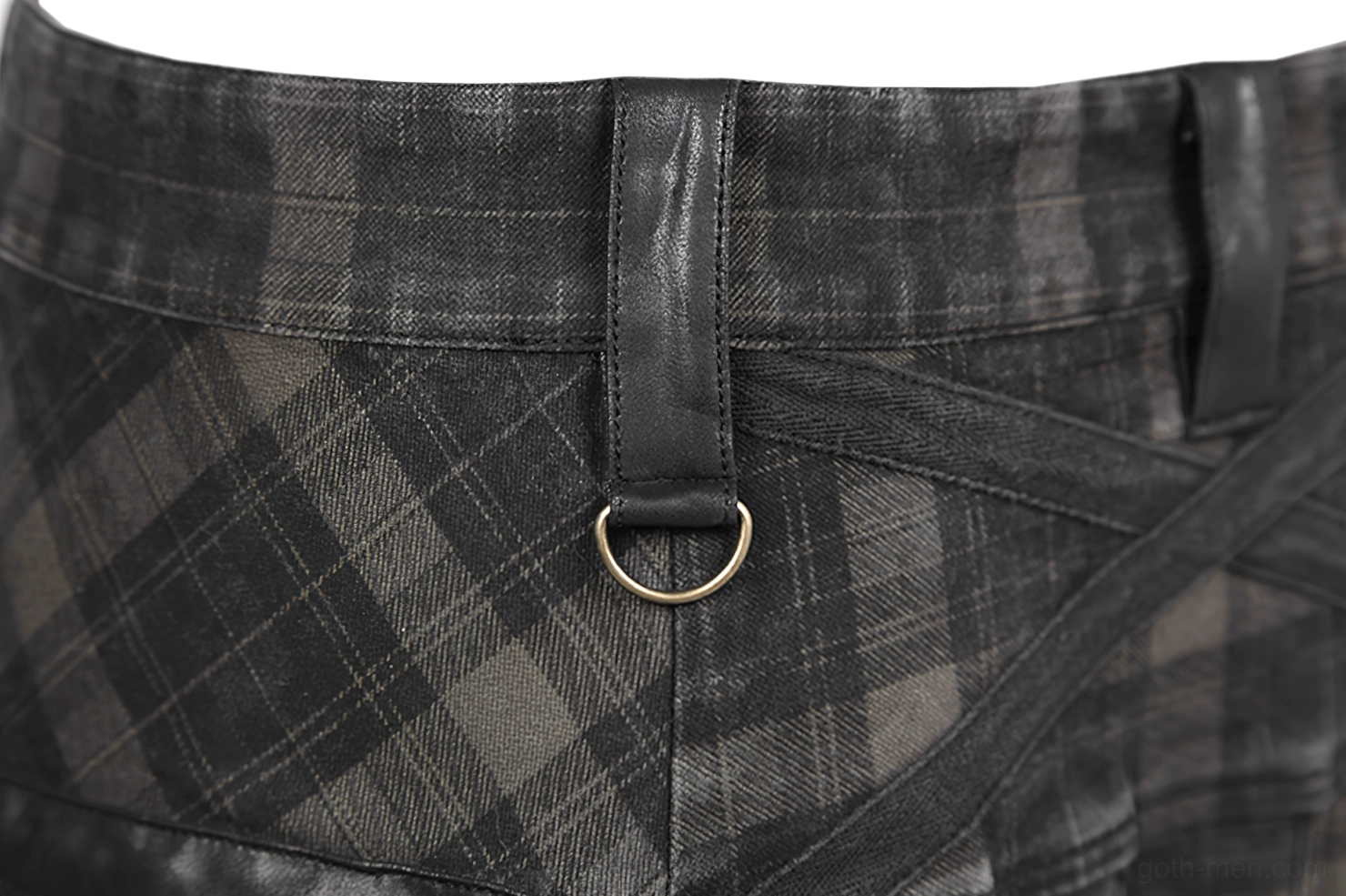 Alternative fashion male model wearing complete tartan cargo kilt outfit with styling