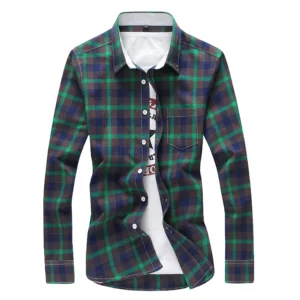 Dark green and charcoal plaid gothic shirt front flat view with functional chest pocket