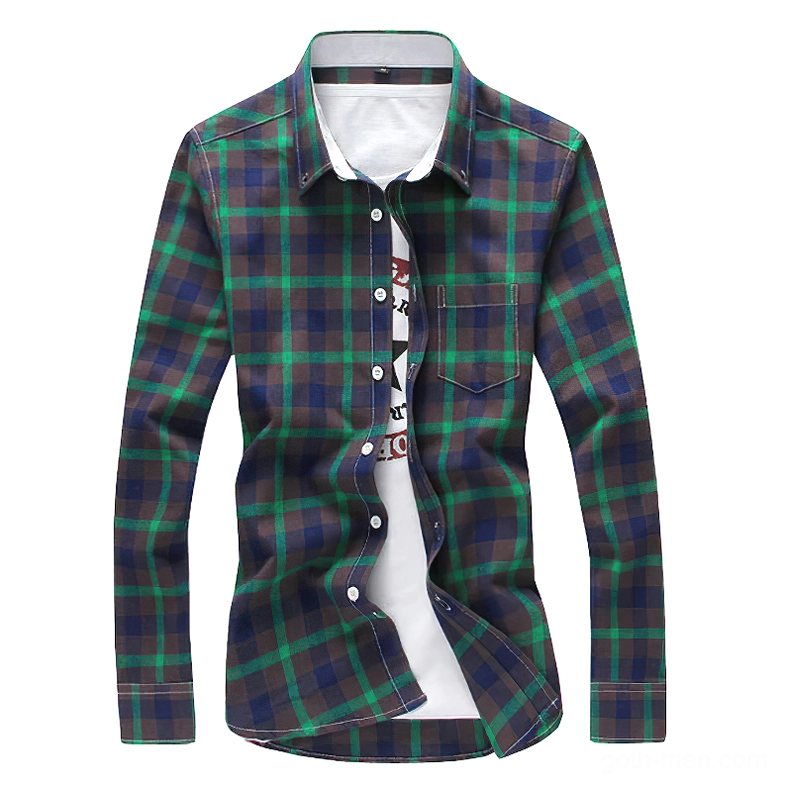 Dark green and charcoal plaid gothic shirt front flat view with functional chest pocket
